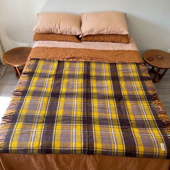 Faribo Fluff Loomed Yellow Gray Brown Wool Plaid Checkered Fringe Blanket Throw - Picture 6 of 11